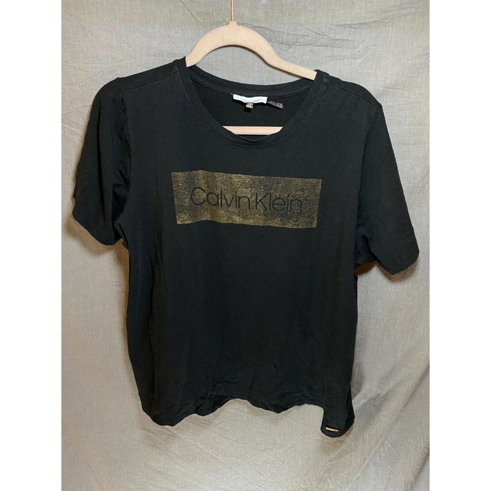 Calvin Klein Shirt‎ Adult OX Black Gold Bling Spell Out Logo Mens.